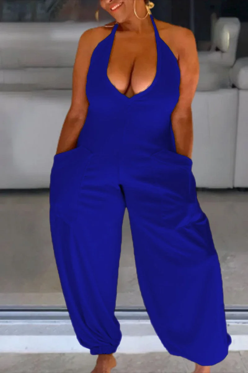 Fashion Sexy Solid Bandage Patchwork Backless Halter Regular Jumpsuits