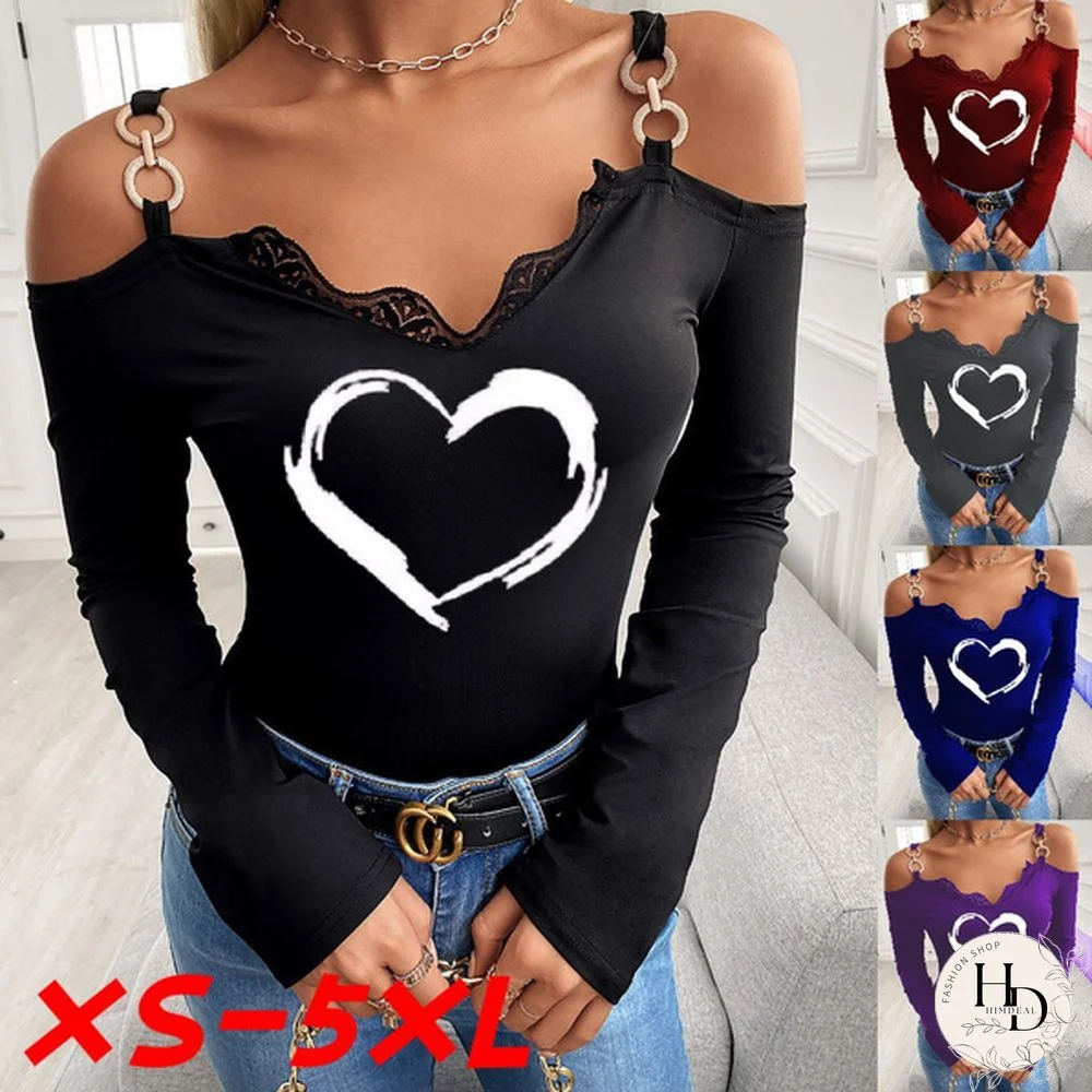 Spring and Autumn Plus Size Fashion Women Casual Heart Printed Lace Trim Cold Shoulder Chain Strap Long Sleeve Tops