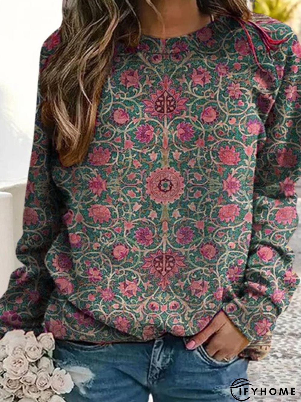 Casual Long Sleeve Crew Neck Ethnic Loose Sweatshirt | IFYHOME