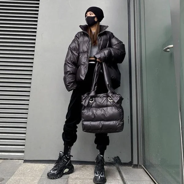 Women Parka Black Solid Color Elegant Goddess Fan Full Sleeve 2020 Winter Elegant Casual Style Loose Parkas
