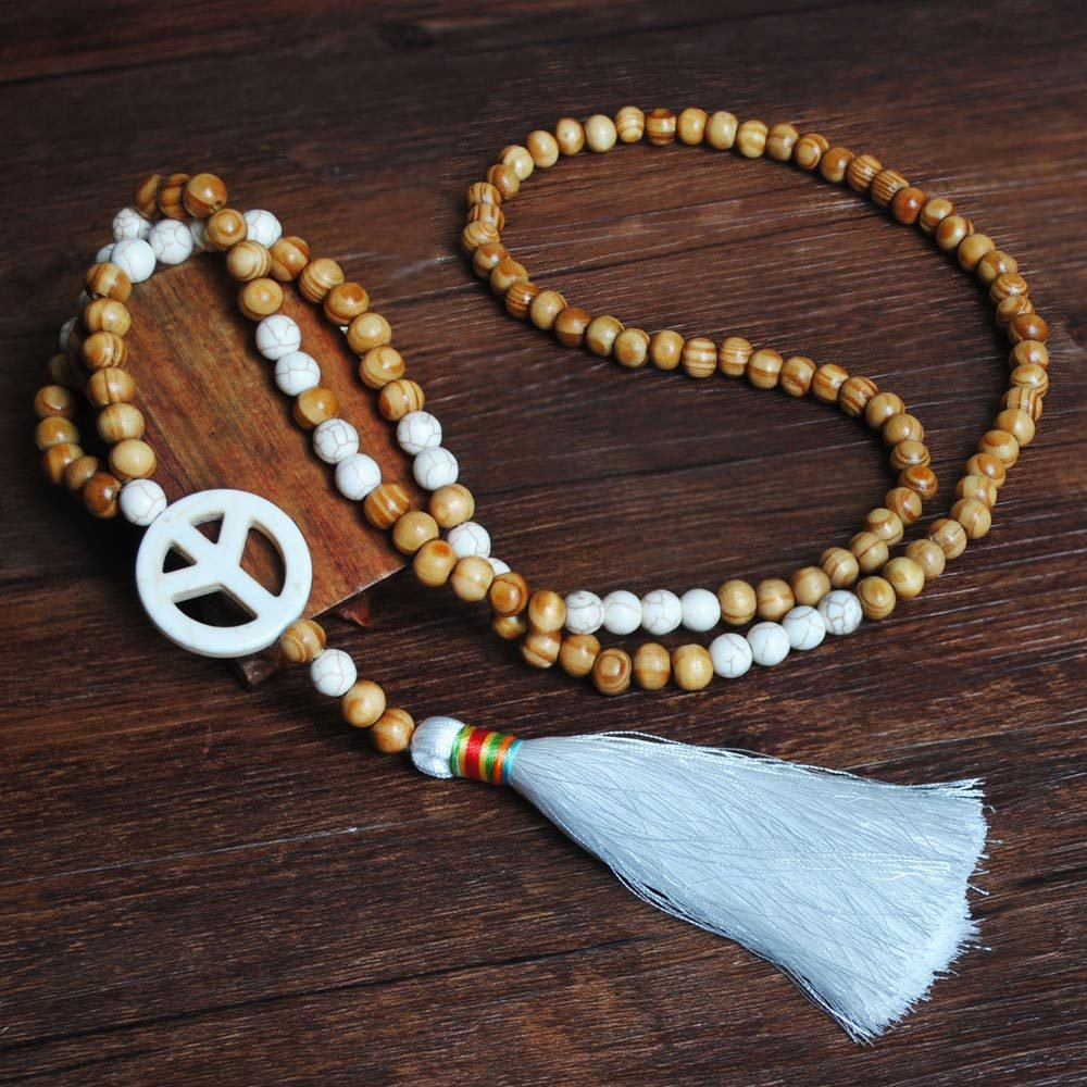 Wooden Bead Ethnic Style Long White Line Tassel Necklace