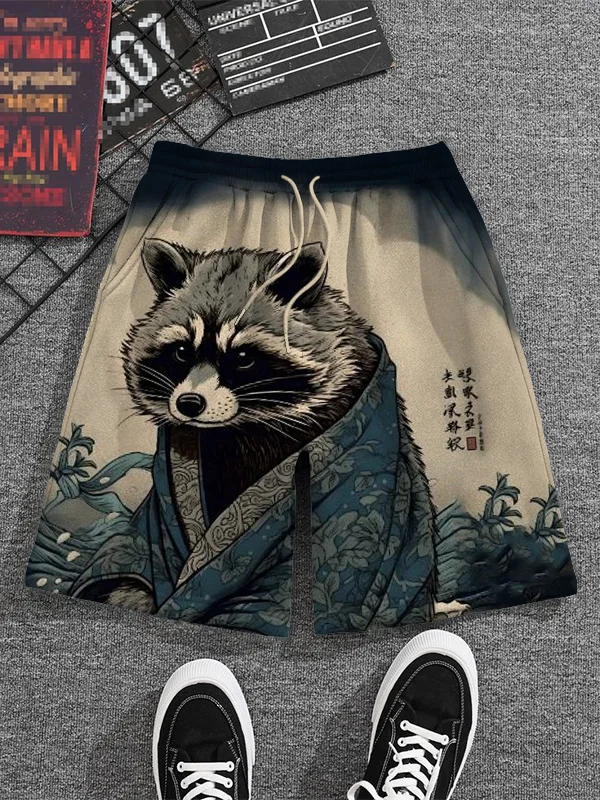 Men's Japanese Art Raccoon Rough Sea Waves Print Drawstring Shorts