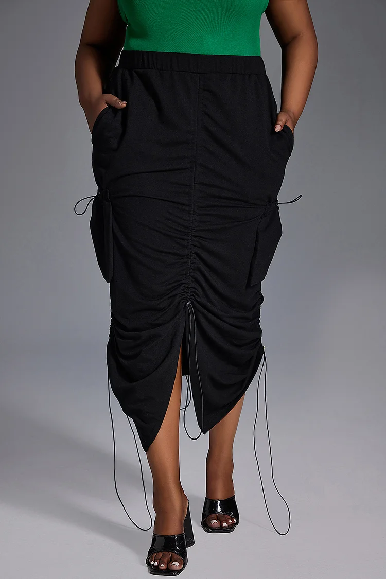 Xpluswear Design Plus Size Daily Skirt Black Ruched Cargo Knitted Skirt With Pockets [Pre-Order]