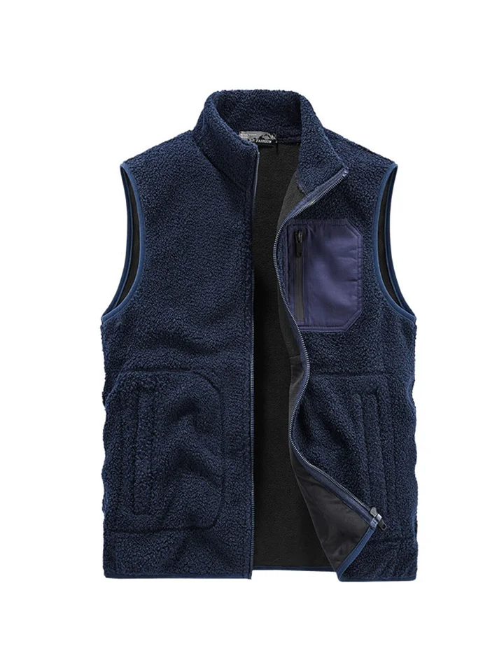 Casual Loose Solid Color Collar Vest Men's Fleece Top Shaker Zipper Undershirt Outdoor Sports Vest Jacket Shoulders Jacket Men-Cosfine