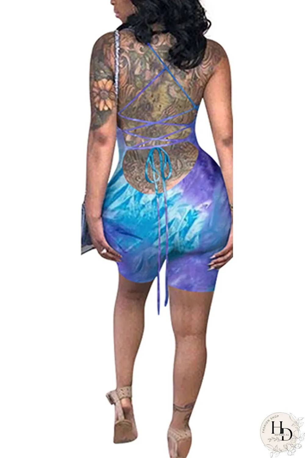 Green Fashion Sexy Coloured drawing Backless Polyester Sleeveless Slip Jumpsuits