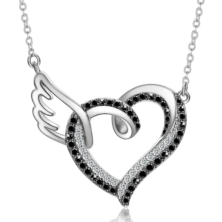 For Memorial - You Spent the Rest of Your Life With Me Black Diamond Heart Wings Necklace 