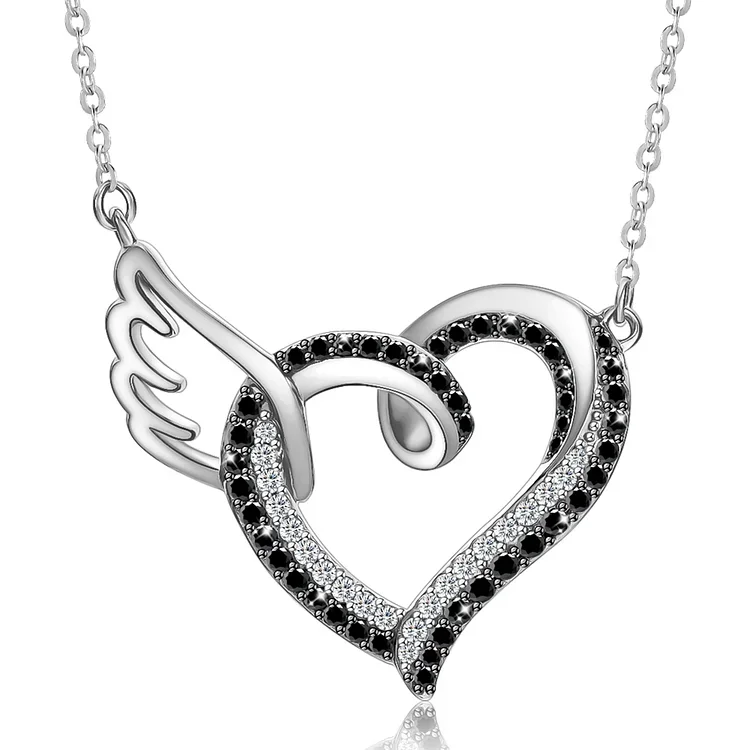 For Memorial - You Hold My Hands for a While But My Heart Forever Black Diamond Heart Wings Necklace 