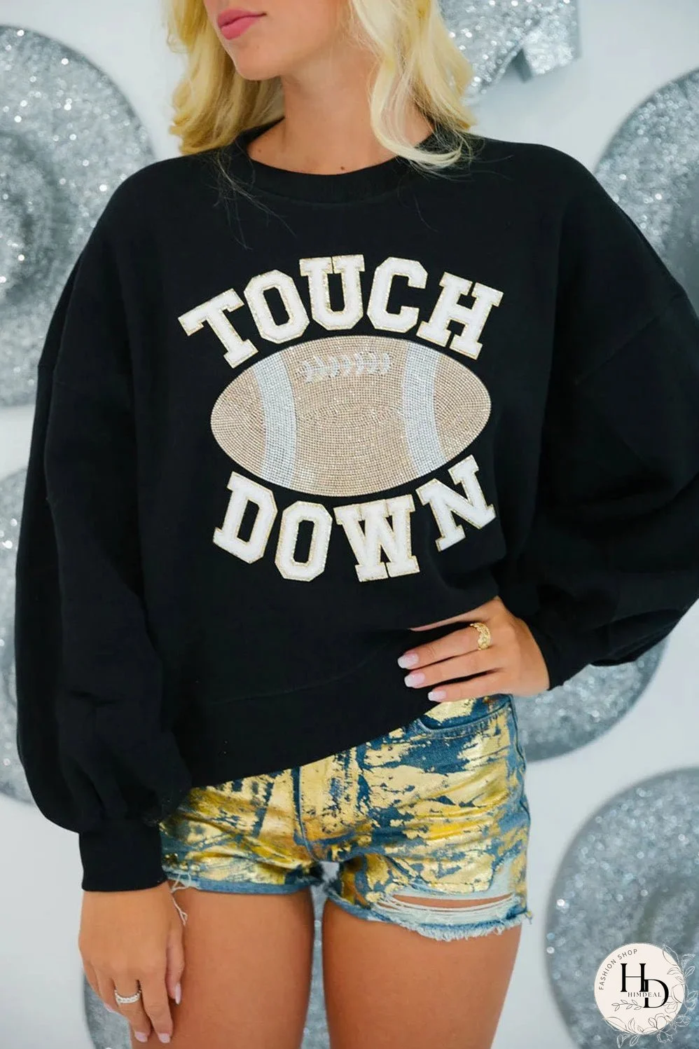 Black TOUCH DOWN Football Graphic Pullover Sweatshirt