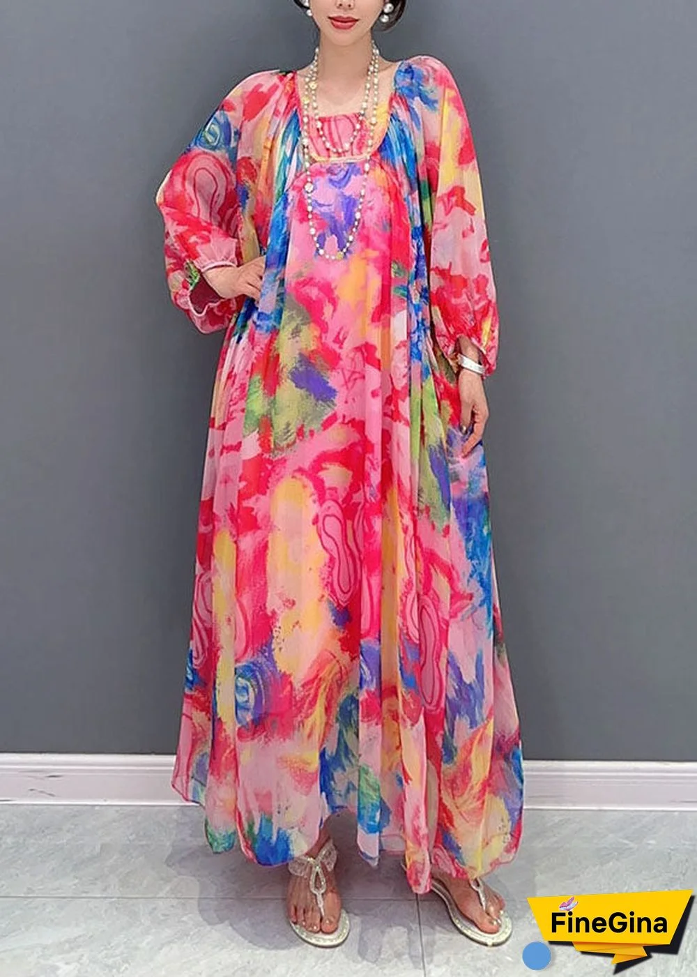 Boho Floral Wrinkled Lace Up Patchwork Chiffon Long Dress Summer