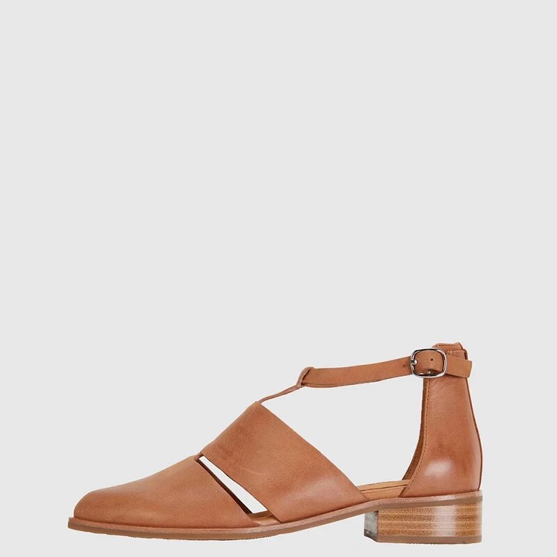 TAAFO Brown Women Pumps High Chunky Heels Pointed Toe Ankle T-strap Buckle Large Szie 14 16 Ladies Shoes