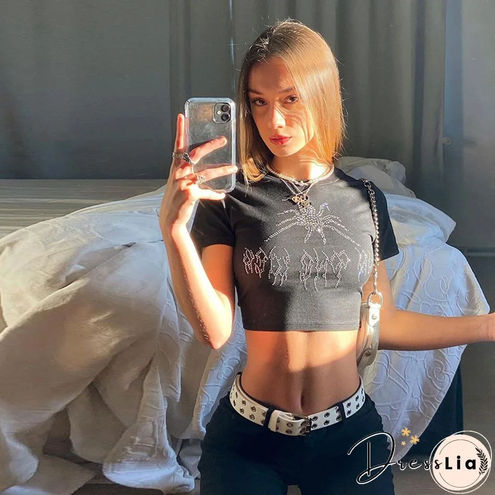 Punk Vintage Rhinestone Spider Graphic Black T-shirts Mall Goth O-neck Short Sleeve Crop Tops E-girl Aesthetics Tees