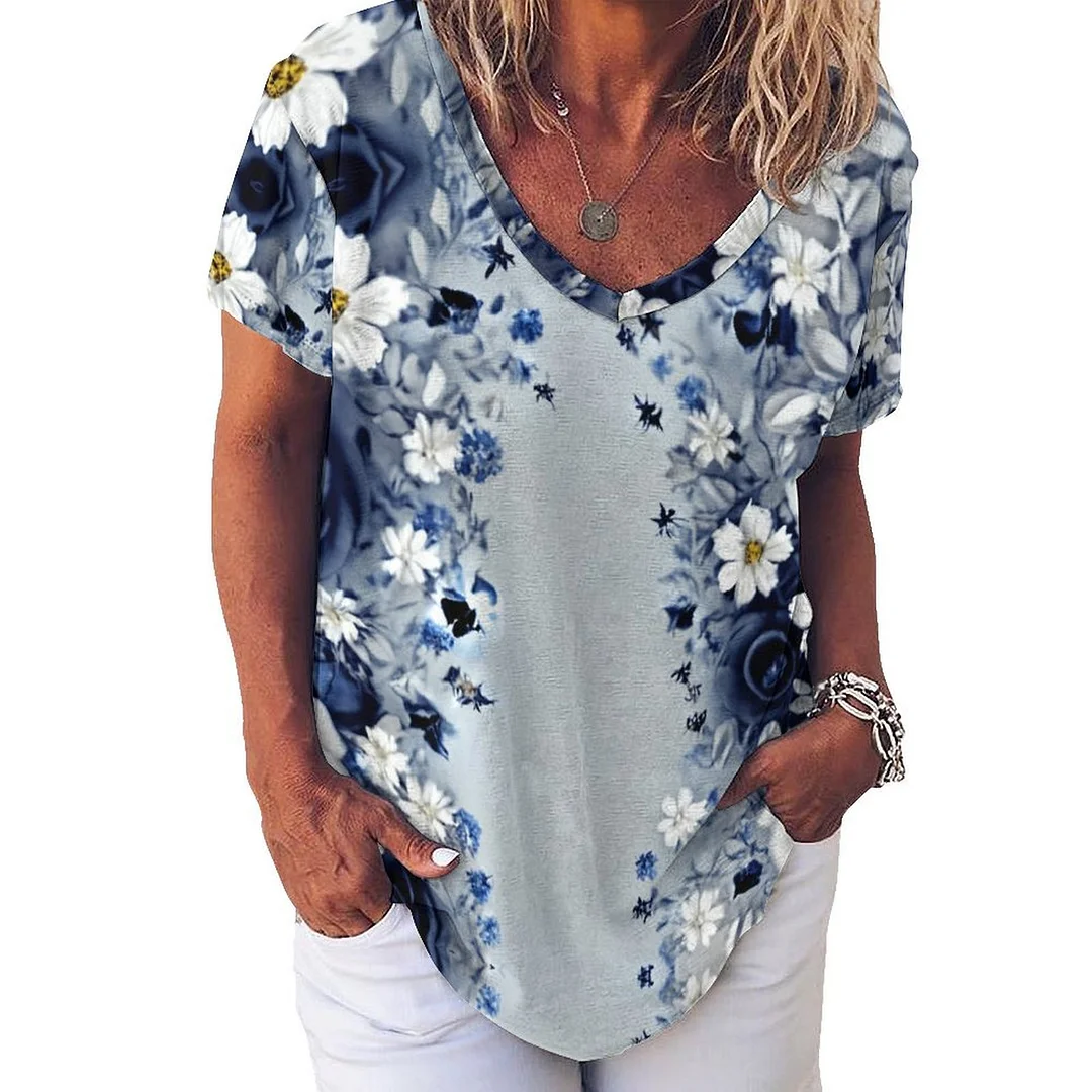 V-neck Short Sleeve Casual T-shirt for  Women Printed with Pattern Floral, Blue, White