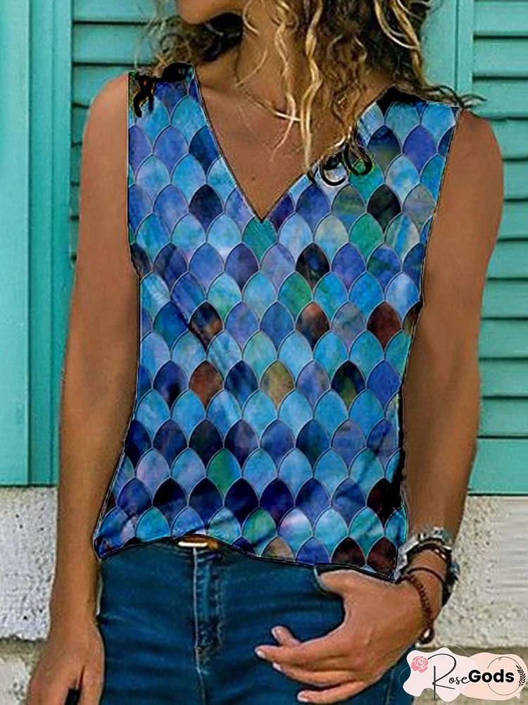 Paisley Sleeveless Printed Cotton-Blend V Neck Holiday Summer Blue Top