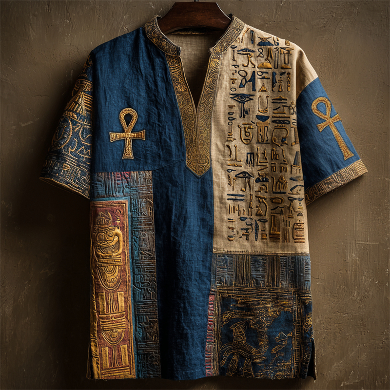 Ankh Ancient Egyptian Contrast Patchwork Linen Shirt