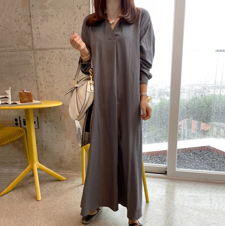 VChics Solid Color Minimalist Temperament Loose Casual Long Sleeved Maxi Dress