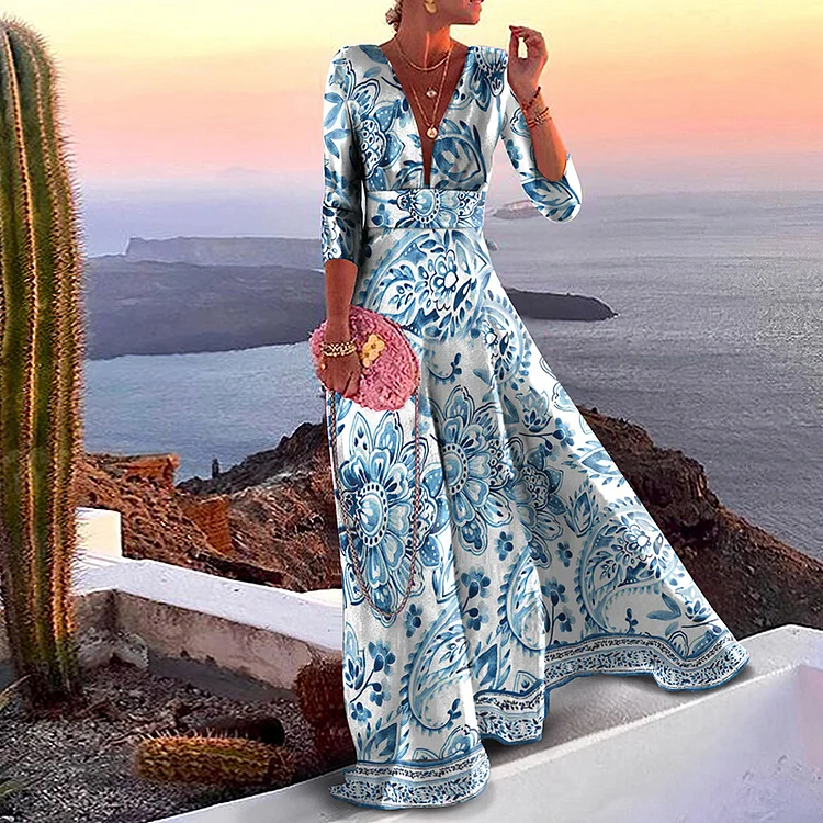Vefave Elegant Floral Print V-Neck A Swing Maxi Dress