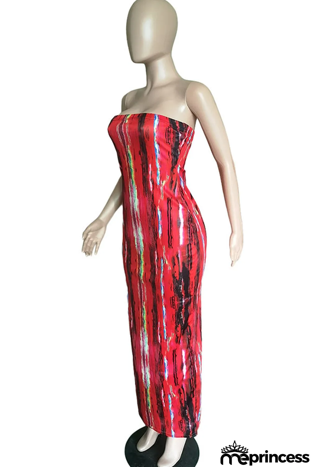 rose red Sexy Print Tie-dye Backless Strapless Pencil Skirt Dresses