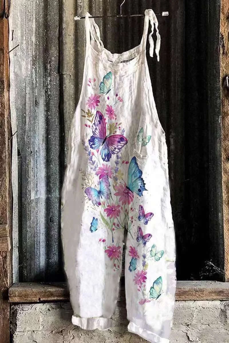 Brownm Summer Slub Linen Vintage Print Wide Dresses