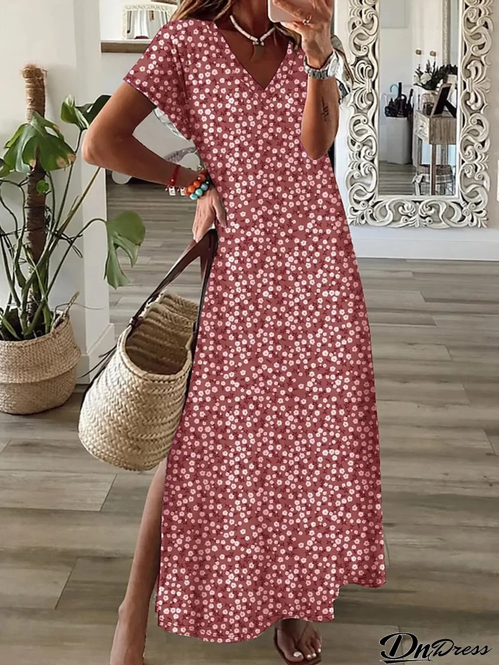 Women's A Line Dress Floral Dress Floral Ditsy Floral Print Split V Neck Maxi long Dress Fashion Streetwear Outdoor Daily Short Sleeve Regular Fit Black White Burgundy Summer Spring S M L XL XXL