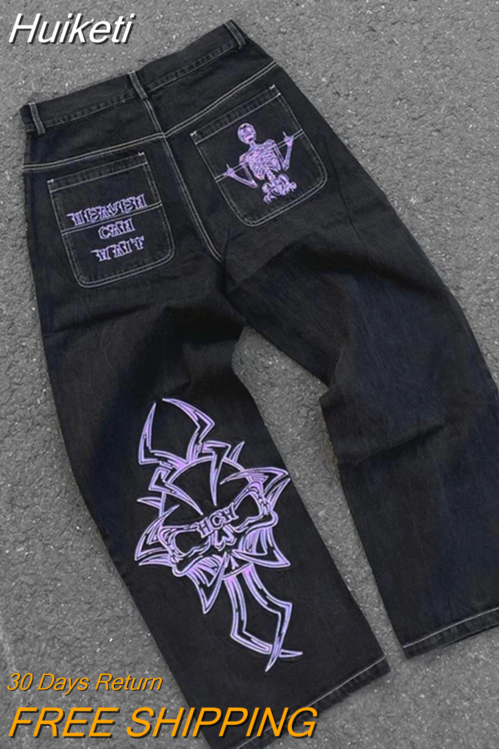 Huiketi Retro Skull Graphic Jeans Men Y2K New Street Hip Hop Trend Joker Straight Pants Couple Casual High Waist Mopping Jeans