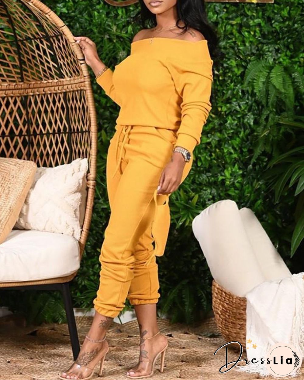 Plus Size Plain Long Sleeve Top & Drawstring Pants Set P14071