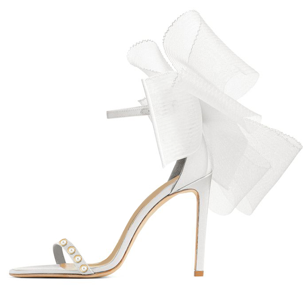 White Lace Almond Toe Stiletto Heel Bow Sandals with Pearl Nicepairs
