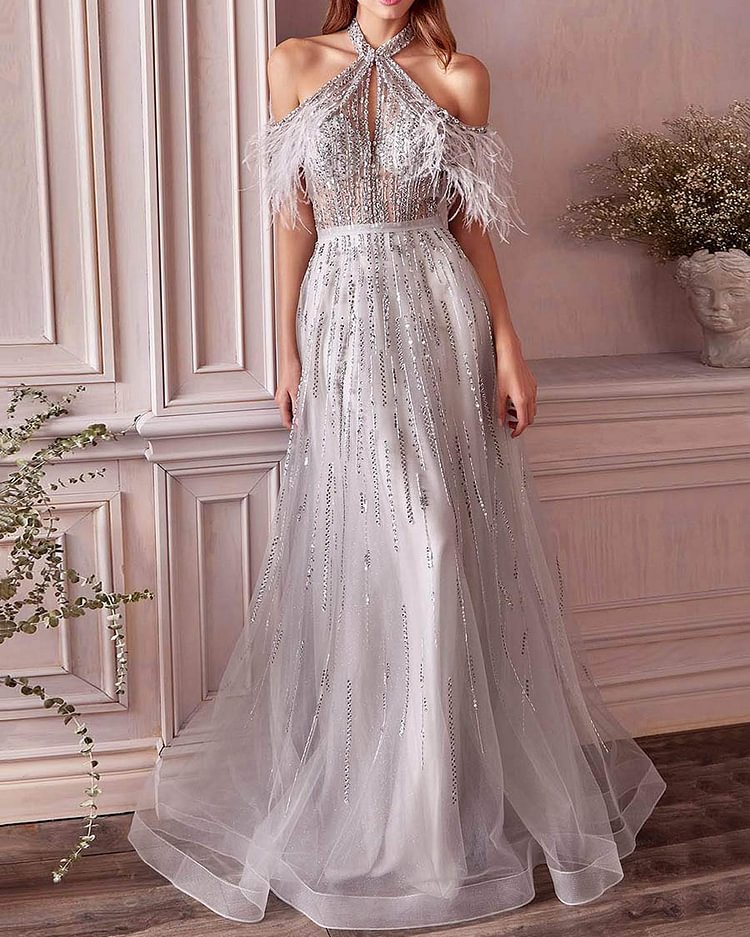 Sequin Halter Feather Maxi Prom Dress