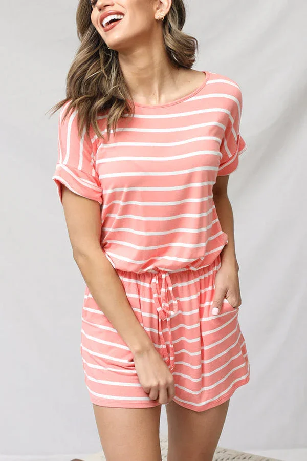 Stripe Print Drawstring Waist Casual Romper