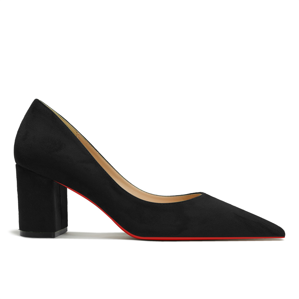 65mm Women Chunky Heels Red Bottom Shoes Comfortable Middle Block Heel Pumps Suede-MERUMOTE