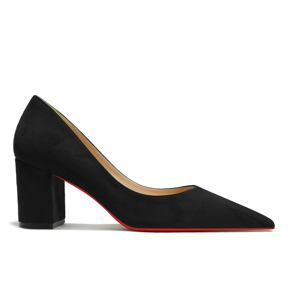 65mm Women Chunky Heels Red Bottom Shoes Comfortable Middle Block Heel Pumps Suede-MERUMOTE