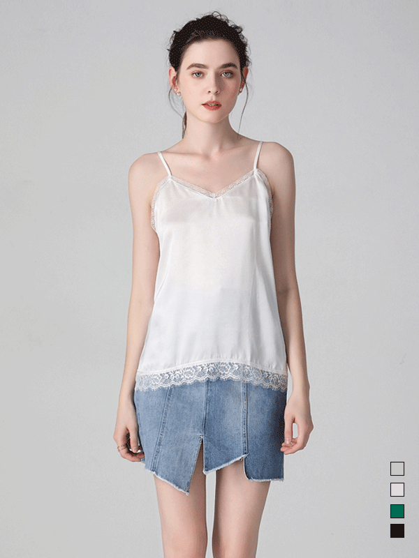 Solid Color Sexy Lace Trimmed White Silk Camisoles
