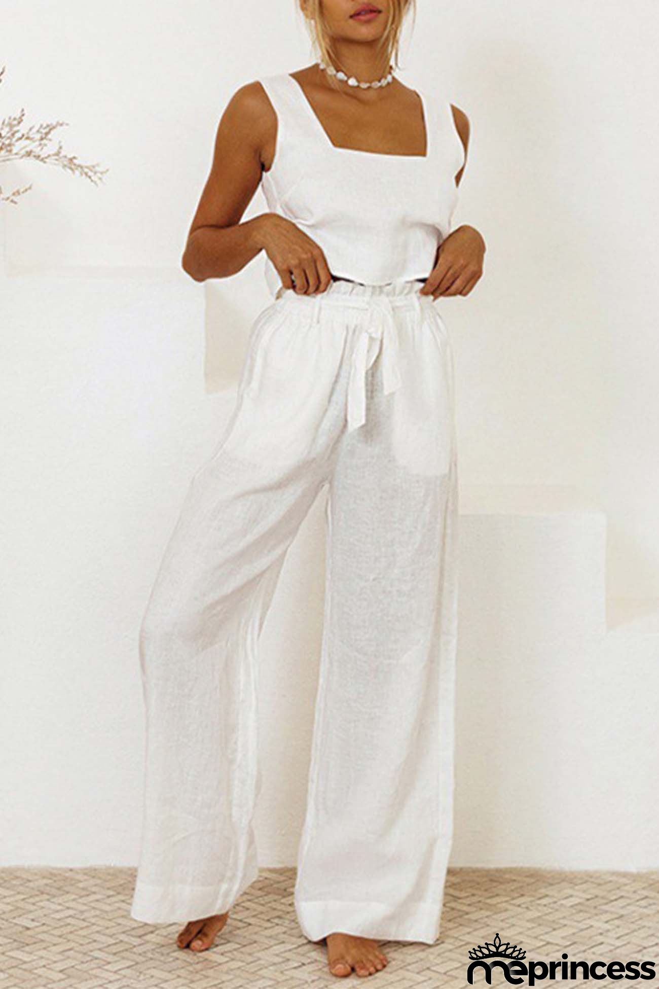 Cotton Waist-Tie Square Neck Pants Set