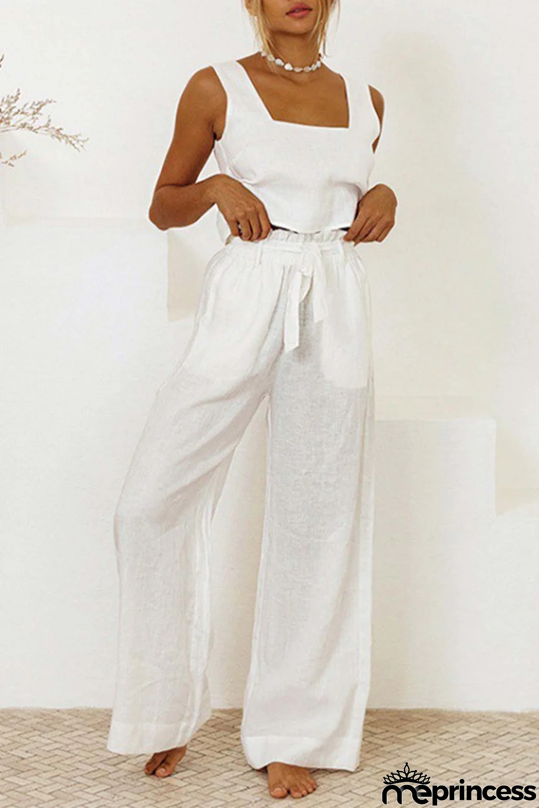 Cotton Waist-Tie Square Neck Pants Set