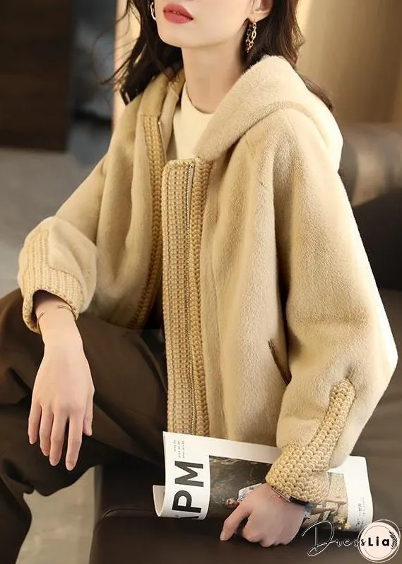 Women Apricot Hooded Patchwork Faux Fur Coats Winter