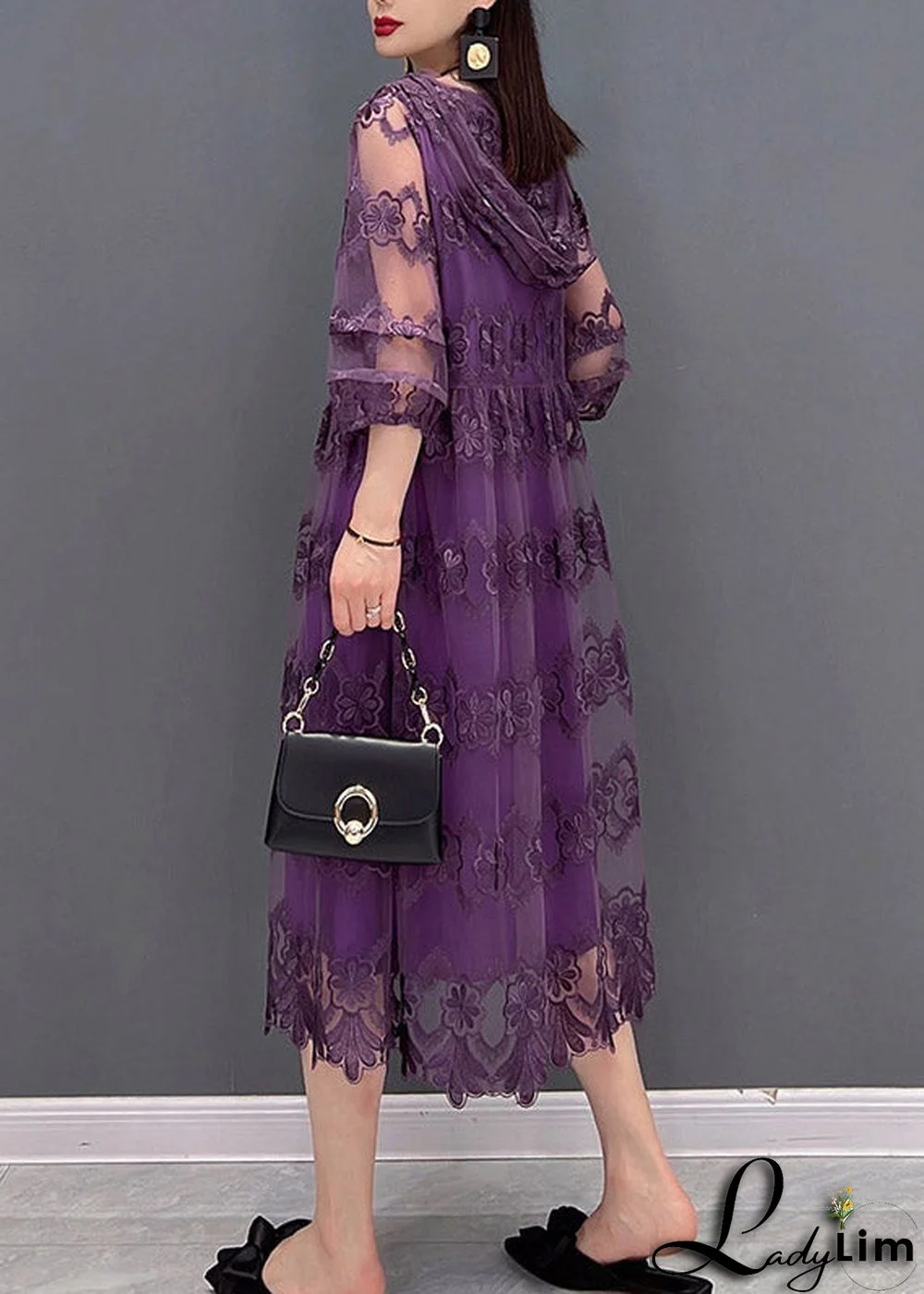Modern Purple V Neck Embroideried Floral Lace Patchwork Hooded Dress Long Sleeve