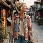 Women's Vintage Japanese Floral Wave Patchwork Linen Button-up Shirt - Image 2