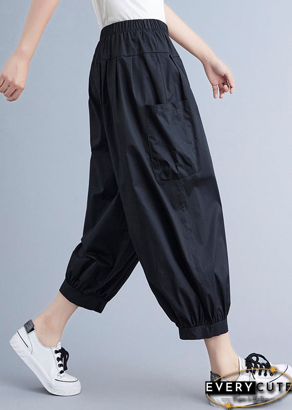 Plus Size Black Pockets Harem Pants Spring