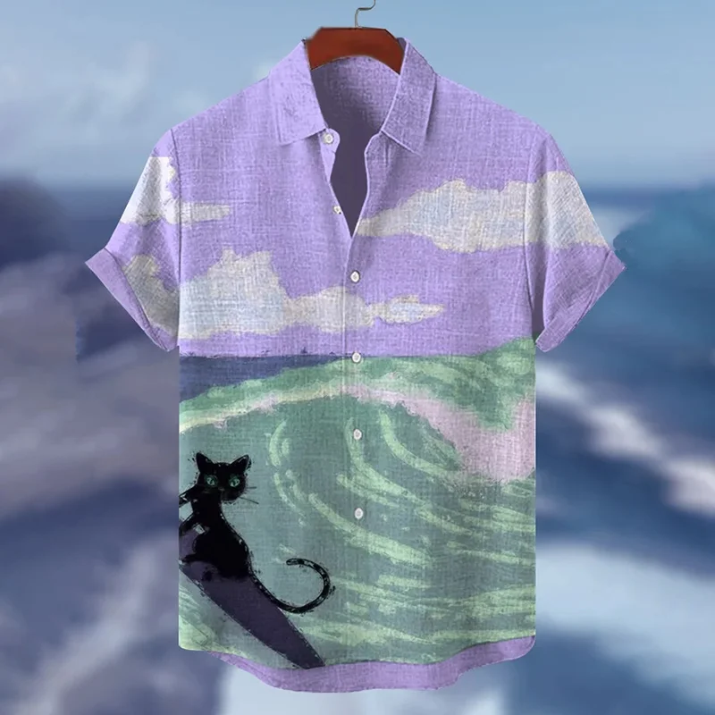 Men's Black Cat Surfing Art Print Casual Shirt