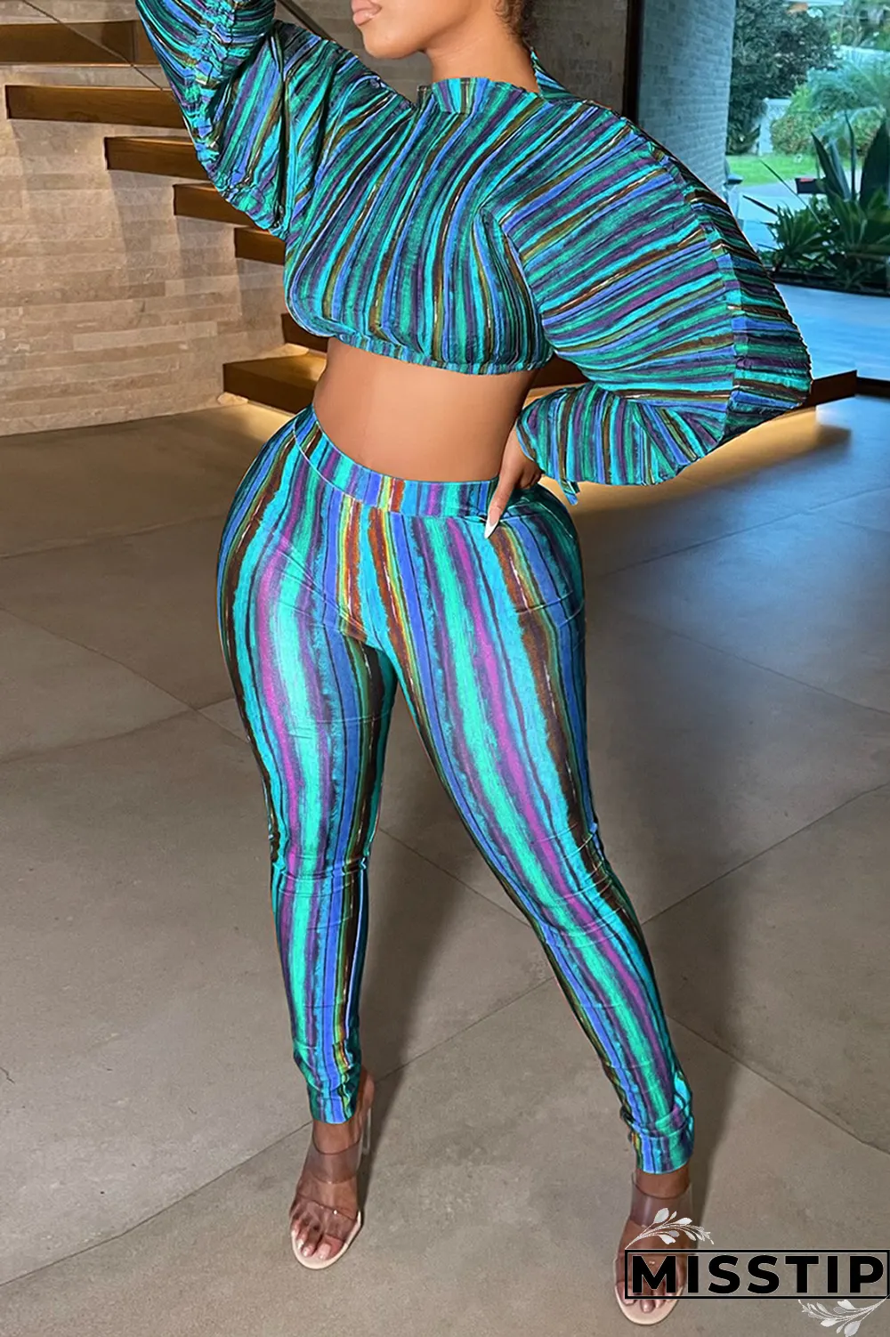 Lake Blue Sexy Striped Patchwork Half A Turtleneck Long Sleeve Two Pieces