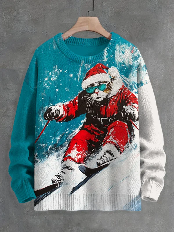 Men's Christmas Cat Skiing Print Knit Sweatshirt