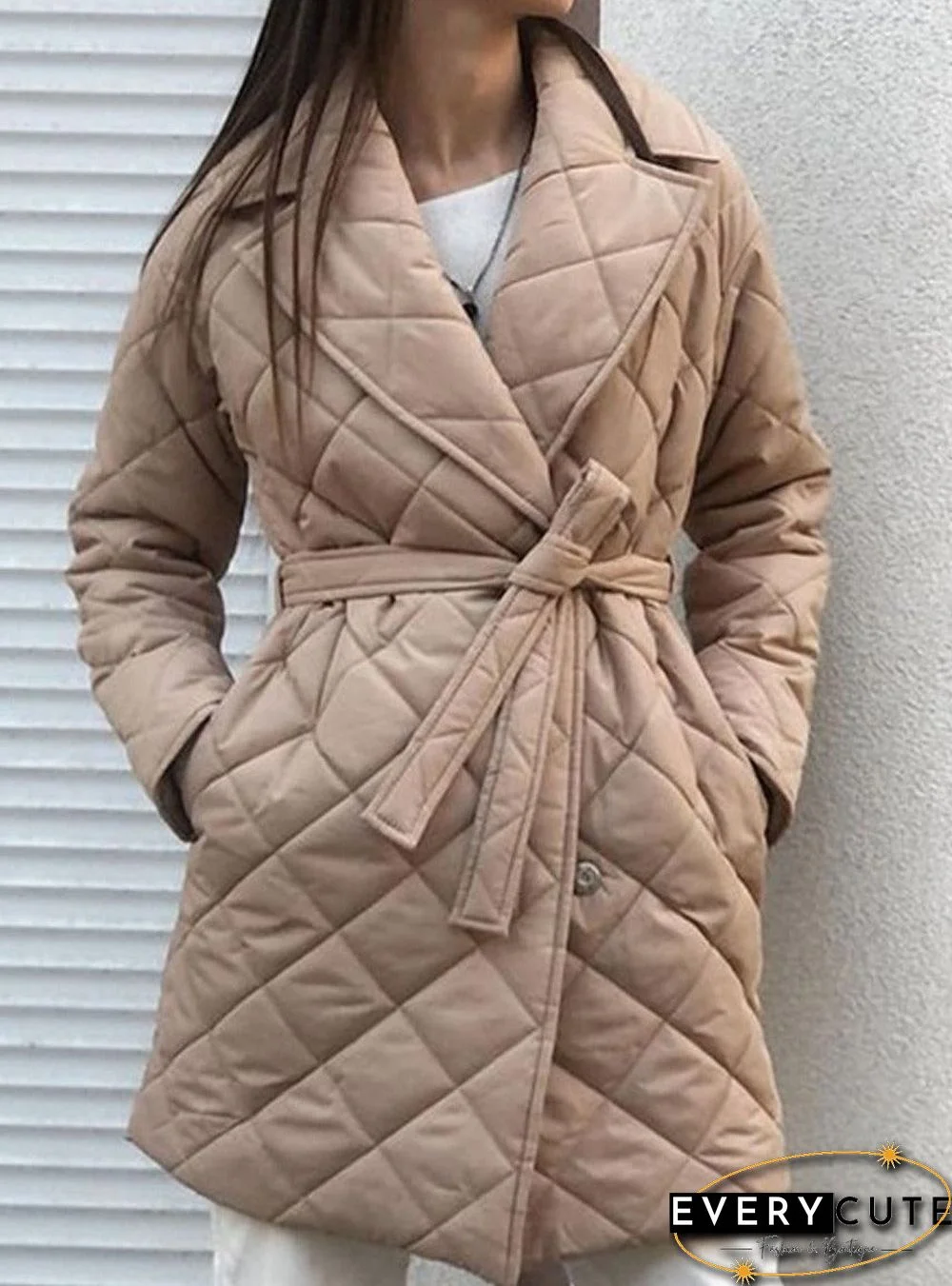 Pure Color Belted Double Pocket Casual Cotton Coat