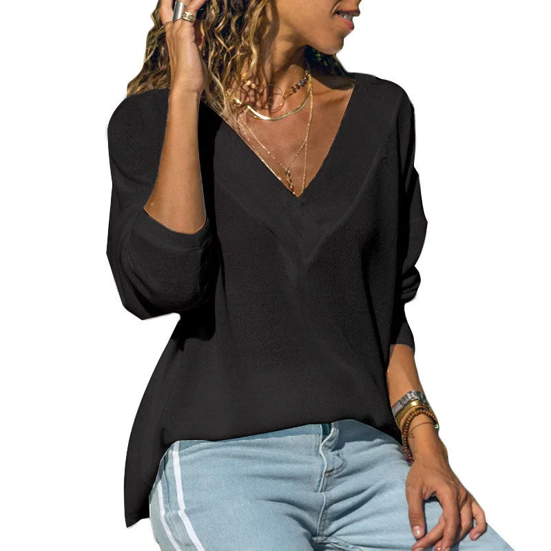 Solid Color V-neck Long Sleeve T-shirt