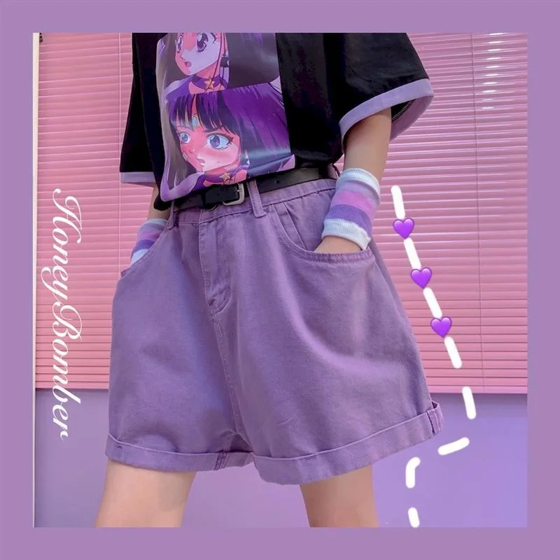 purple high waist denim shorts Harajuku women streetwear Korean womens clothing bf plus size shorts joggers summer short