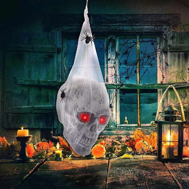 Tegooe Halloween Hanging Skull Prop with Light-Up Eyes Spiders - 16x50cm Plastic