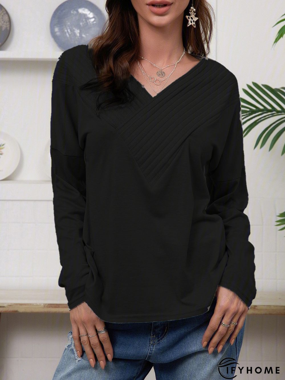 V Neck Elegant Regular Fit T-shirt & Tees | IFYHOME