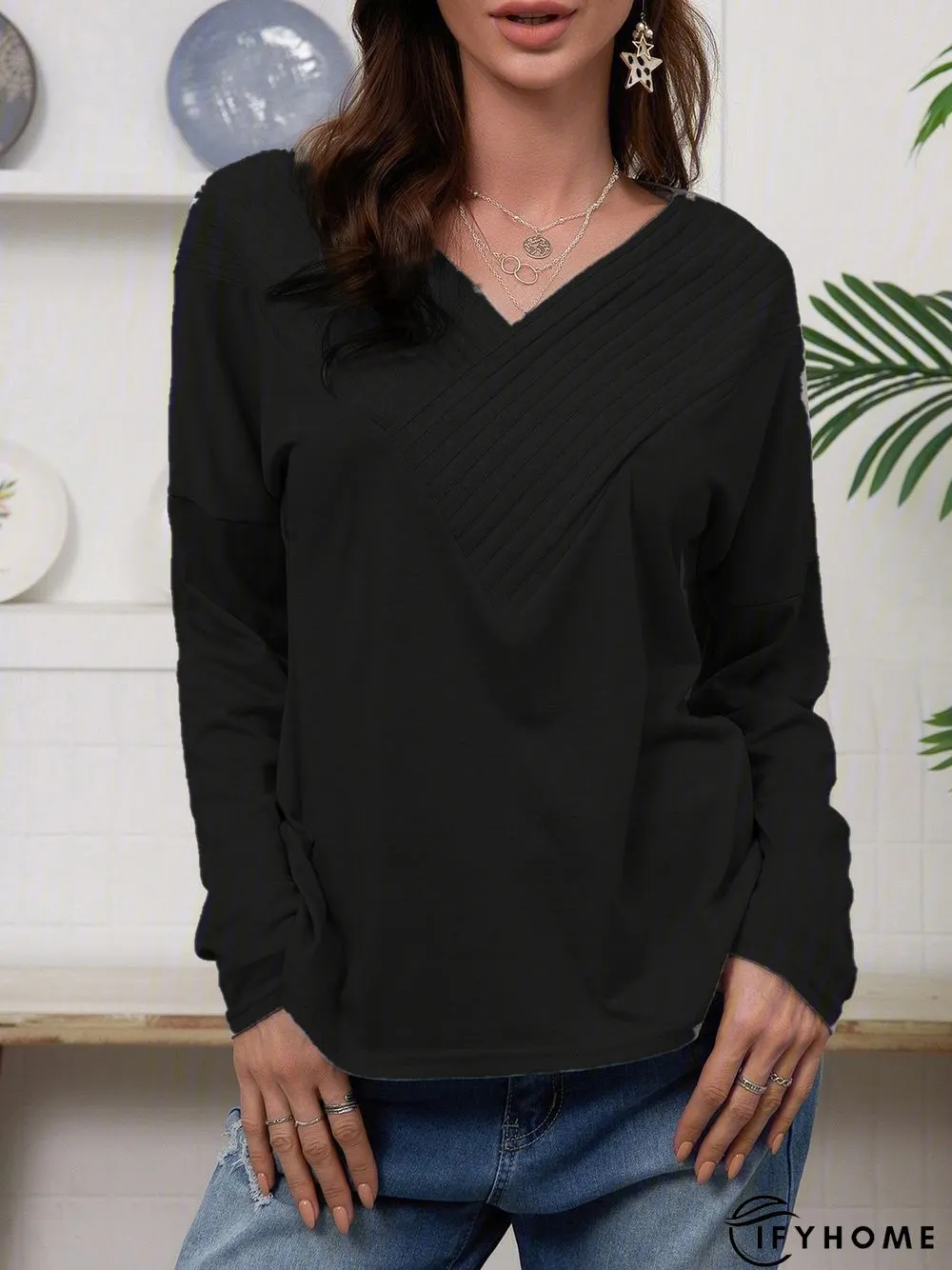 V Neck Elegant Regular Fit T-shirt & Tees | IFYHOME