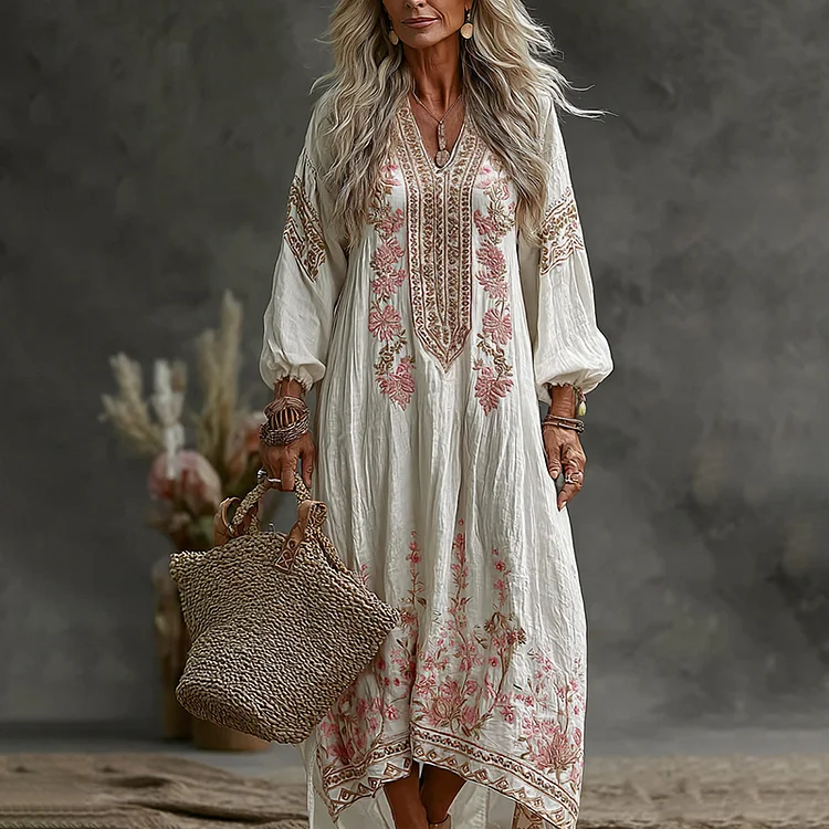 Women's Vintage Floral Art Flowy Linen Blend Casual V Neck Long Sleeve Maxi Dress