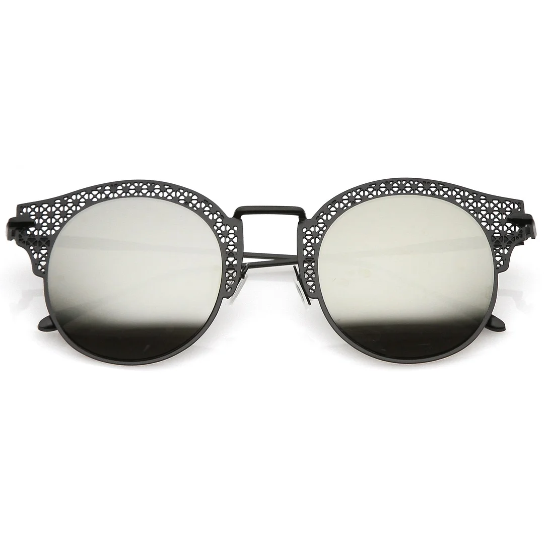 Women's Open Metal Cutout Slim Arm Round Flat Lens Half Frame glasses 50mm