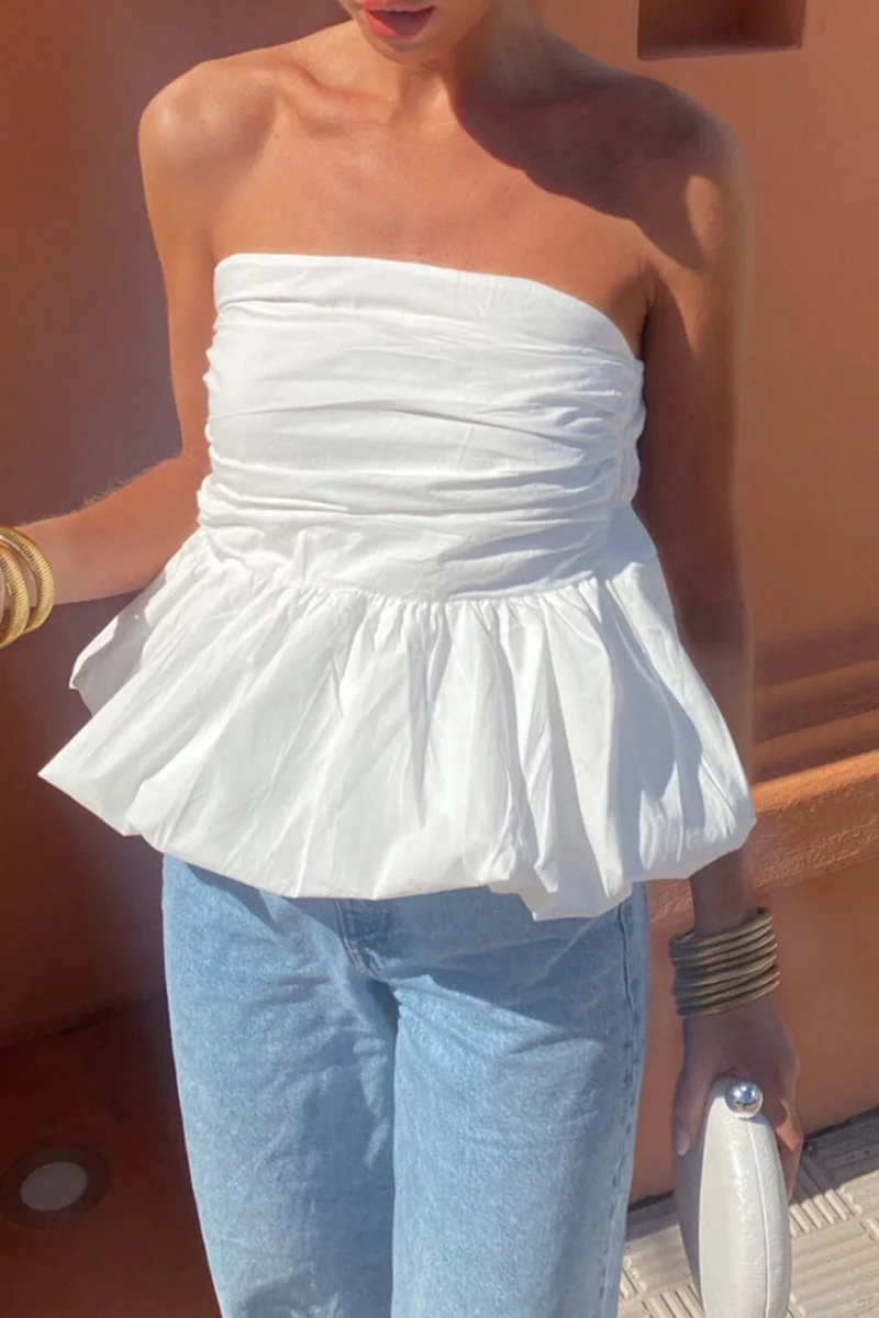 Solid Color Ruffle Strapless Tops