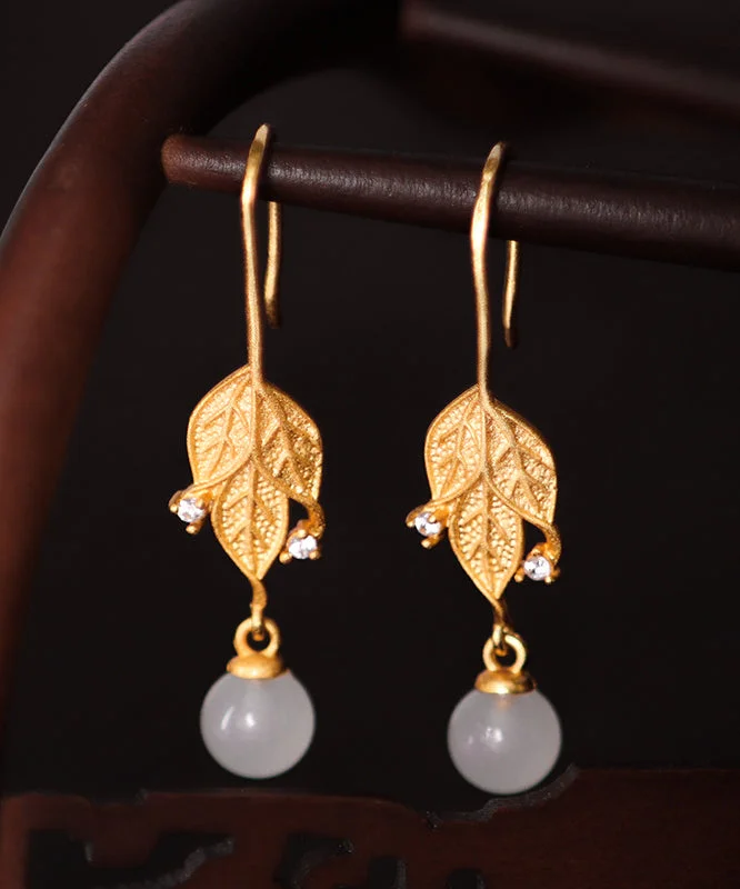 Handmade White Tree Leaves Zircon Jade Drop Earrings